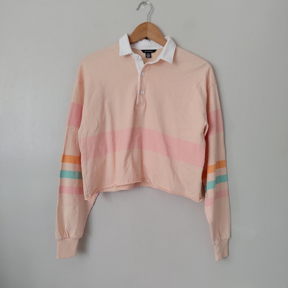 AE Studio American Eagle Crop Polo Long Sleeve Shirt Striped Size Small - Picture 5 of 14